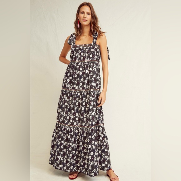 Warm Dresses & Skirts - WARM Big Love Maxi Dress Black Multicolor Floral Tiered In Plumeria Print